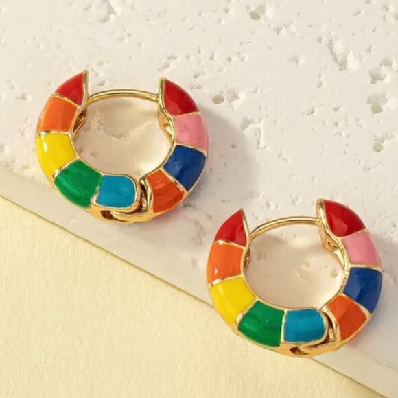 Jewelry - Rainbow Multi-color Enamel Huggie Earrings Medium Hoop #1343